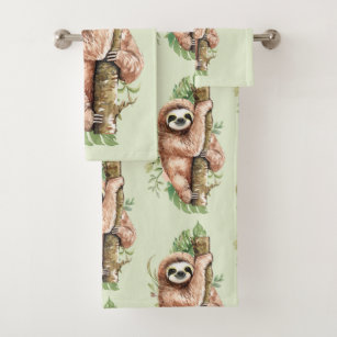 Cute Watercolor Sloth & Tropical Leaves Bath Towel Set