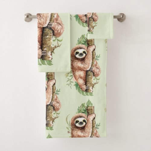 Cute Watercolor Sloth  Tropical Leaves Bath Towel Set