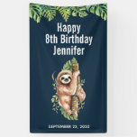 Cute Watercolor Sloth &amp; Tropical Leaves Birthday Banner