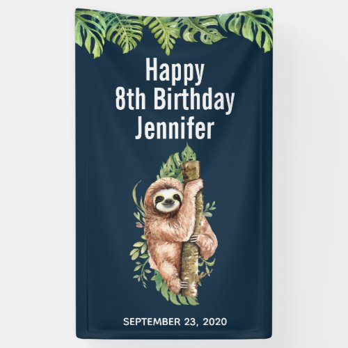 Cute Watercolor Sloth  Tropical Leaves Birthday Banner
