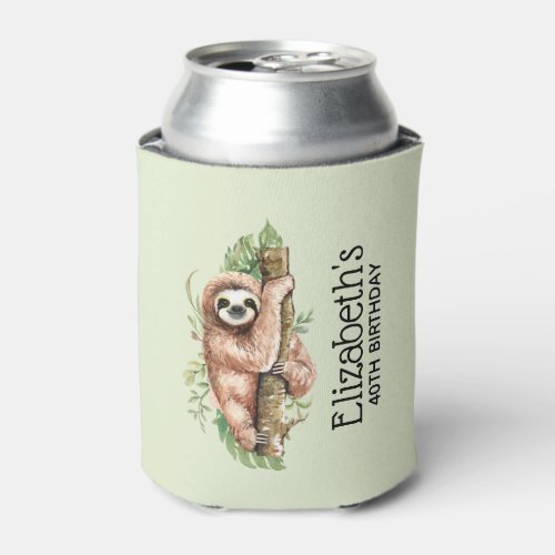 Cute Watercolor Sloth  Tropical Leaves Birthday Can Cooler