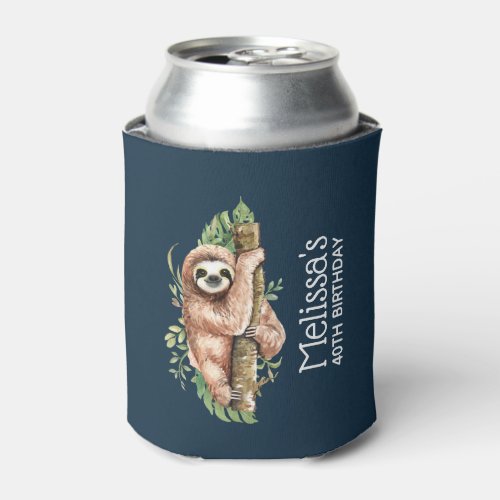 Cute Watercolor Sloth  Tropical Leaves Birthday Can Cooler