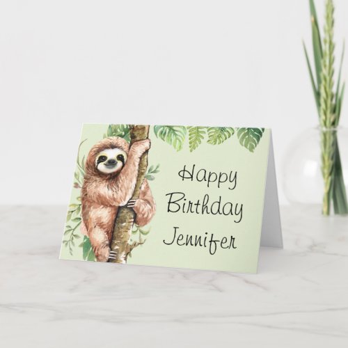 Cute Watercolor Sloth  Tropical Leaves Birthday Card
