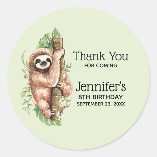 Cute Watercolor Sloth  Tropical Leaves Birthday Classic Round Sticker