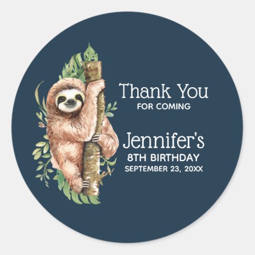 Cute Watercolor Sloth  Tropical Leaves Birthday Classic Round Sticker