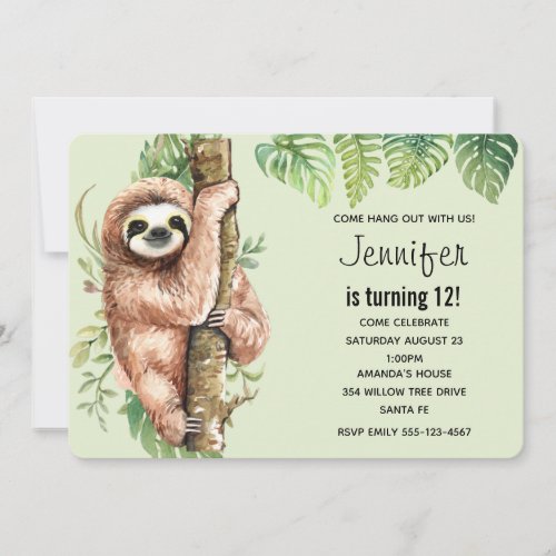 Cute Watercolor Sloth  Tropical Leaves Birthday Invitation