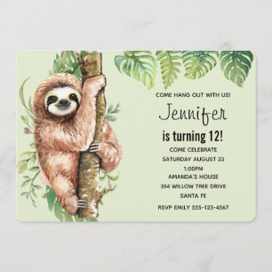 Cute Watercolor Sloth & Tropical Leaves Birthday Invitation