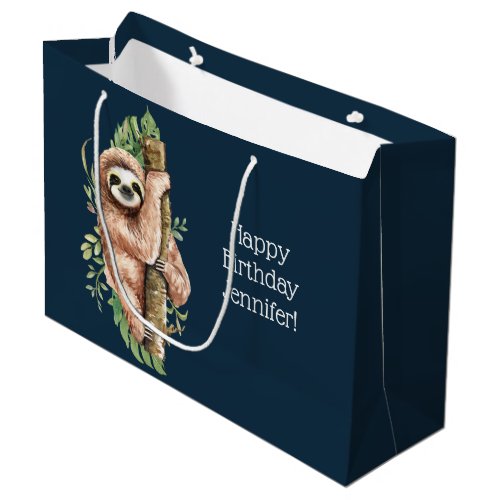 Cute Watercolor Sloth  Tropical Leaves Birthday Large Gift Bag