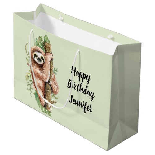 Cute Watercolor Sloth  Tropical Leaves Birthday Large Gift Bag