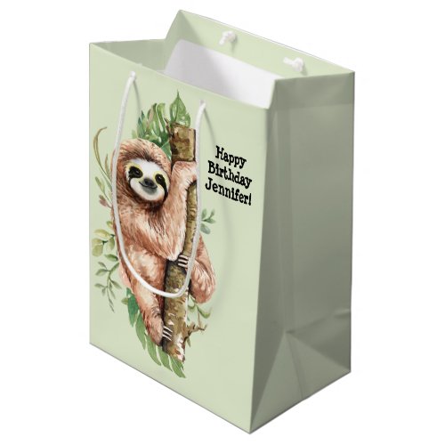 Cute Watercolor Sloth  Tropical Leaves Birthday Medium Gift Bag