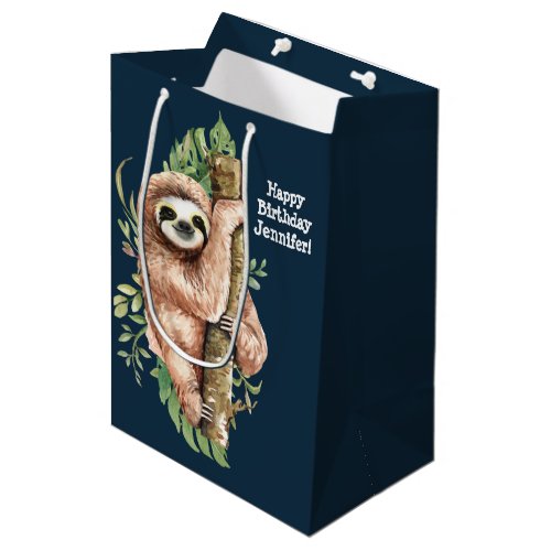 Cute Watercolor Sloth  Tropical Leaves Birthday Medium Gift Bag