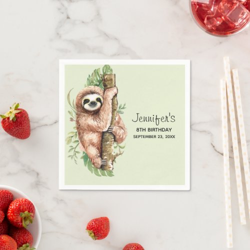 Cute Watercolor Sloth  Tropical Leaves Birthday Napkins