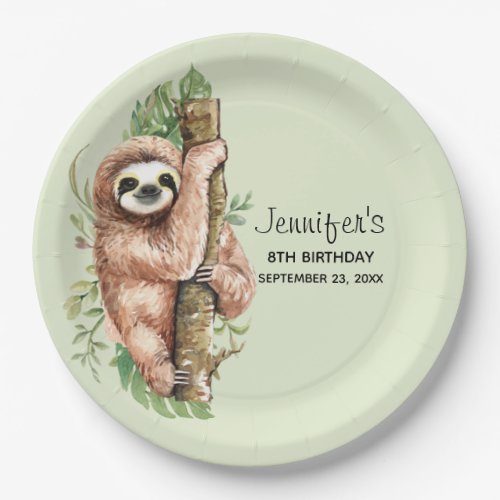 Cute Watercolor Sloth  Tropical Leaves Birthday Paper Plates