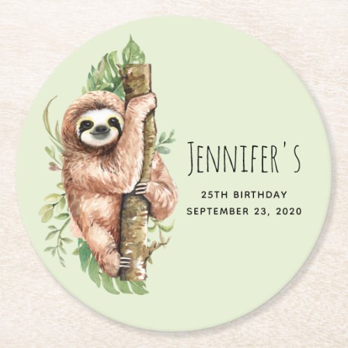 Cute Watercolor Sloth  Tropical Leaves Birthday Round Paper Coaster