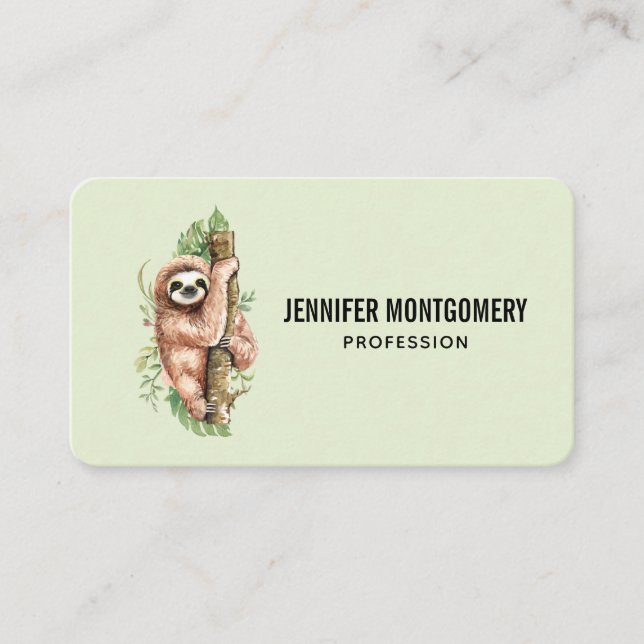 Cute Watercolor Sloth & Tropical Leaves Business Card (Front)