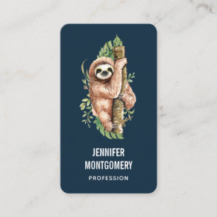 Cute Watercolor Sloth & Tropical Leaves Business Card