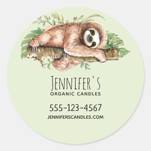 Cute Watercolor Sloth  Tropical Leaves Business Classic Round Sticker