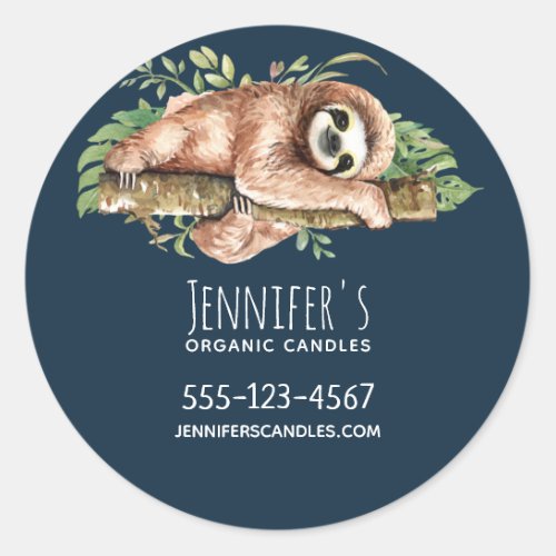 Cute Watercolor Sloth  Tropical Leaves Business Classic Round Sticker