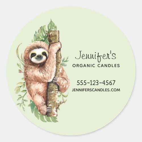 Cute Watercolor Sloth  Tropical Leaves Business Classic Round Sticker