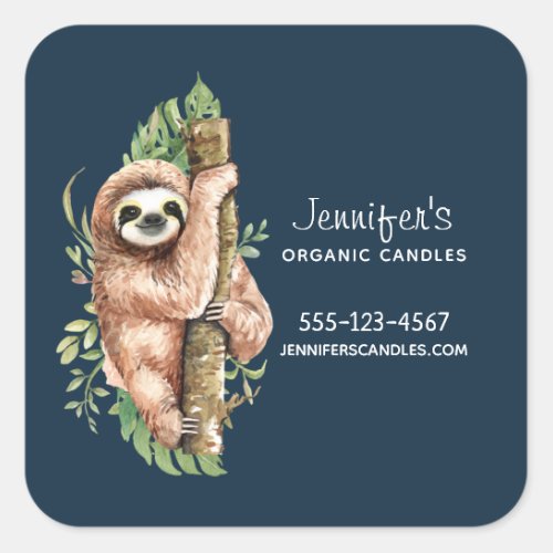 Cute Watercolor Sloth  Tropical Leaves Business Square Sticker