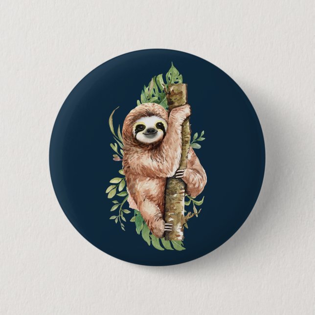 Cute Watercolor Sloth & Tropical Leaves Button (Front)
