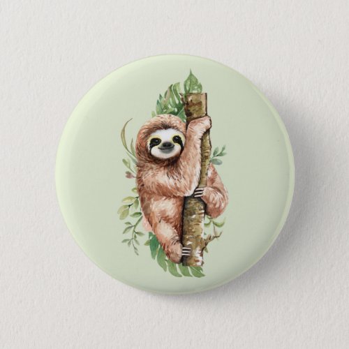 Cute Watercolor Sloth  Tropical Leaves Button