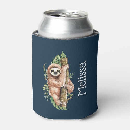 Cute Watercolor Sloth  Tropical Leaves Can Cooler