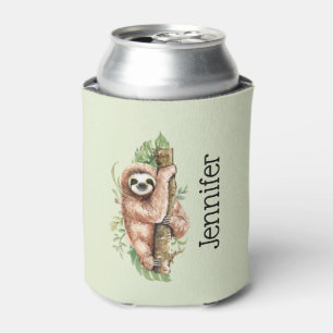 Cute Watercolor Sloth & Tropical Leaves Can Cooler