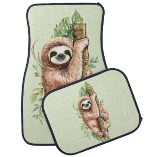 Cute Watercolor Sloth & Tropical Leaves Car Floor Mat
