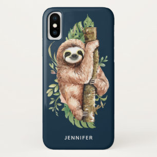Cute Watercolor Sloth & Tropical Leaves iPhone X Case