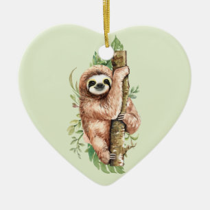 Cute Watercolor Sloth & Tropical Leaves Ceramic Ornament