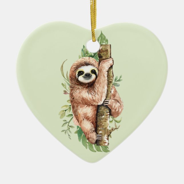 Cute Watercolor Sloth & Tropical Leaves Ceramic Ornament (Front)