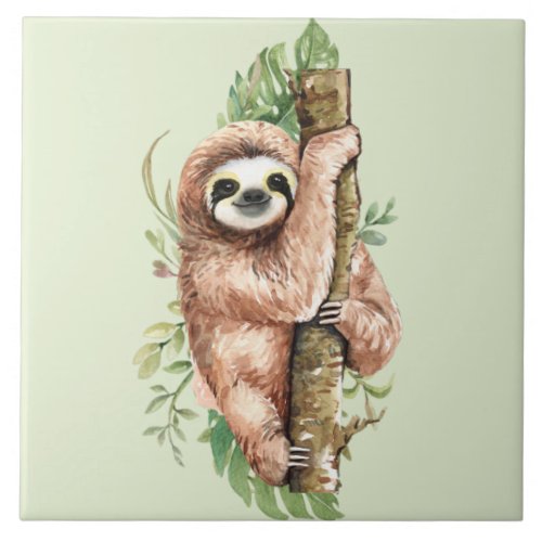 Cute Watercolor Sloth  Tropical Leaves Ceramic Tile