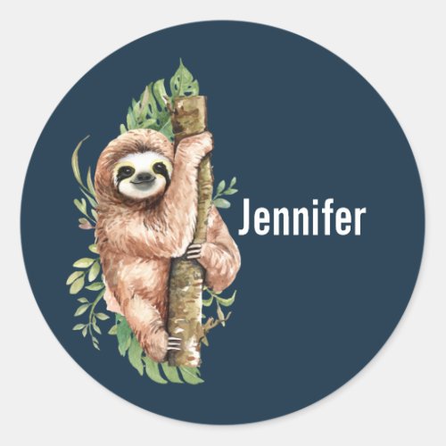 Cute Watercolor Sloth  Tropical Leaves Classic Round Sticker