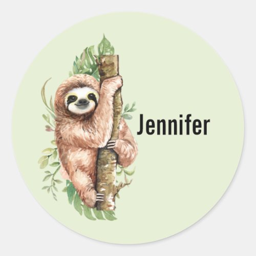 Cute Watercolor Sloth  Tropical Leaves Classic Round Sticker