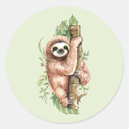 Cute Watercolor Sloth  Tropical Leaves Classic Round Sticker