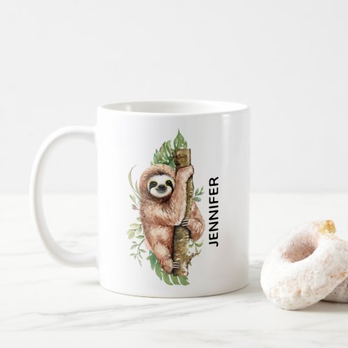 Cute Watercolor Sloth  Tropical Leaves Coffee Mug
