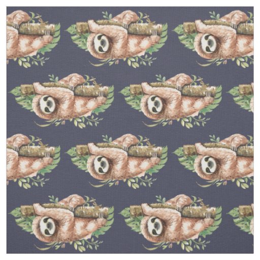 Cute Watercolor Sloth & Tropical Leaves Fabric