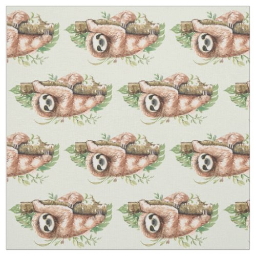 Cute Watercolor Sloth  Tropical Leaves Fabric