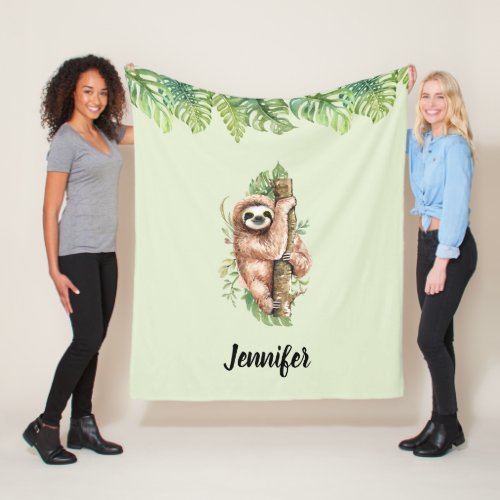 Cute Watercolor Sloth  Tropical Leaves Fleece Blanket