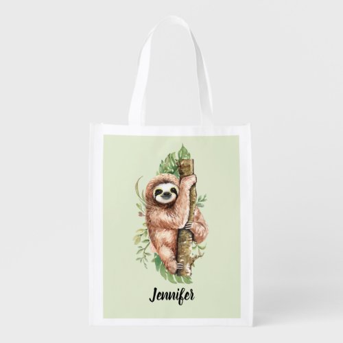 Cute Watercolor Sloth  Tropical Leaves Grocery Bag