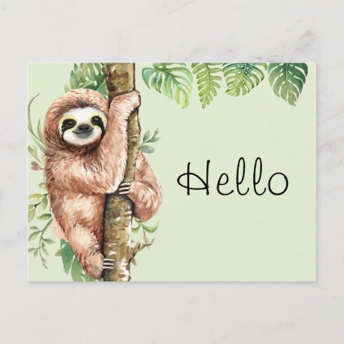 Cute Watercolor Sloth  Tropical Leaves Hello Postcard