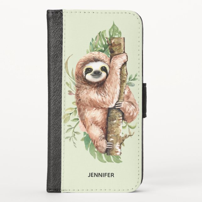 Cute Watercolor Sloth & Tropical Leaves iPhone Wallet Case (Front)