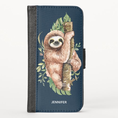 Cute Watercolor Sloth  Tropical Leaves iPhone X Wallet Case