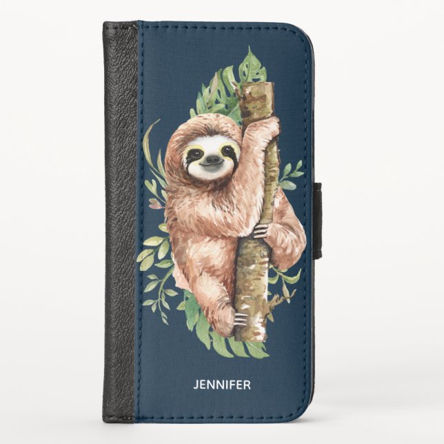 Cute Watercolor Sloth & Tropical Leaves iPhone Wallet Case (Front)