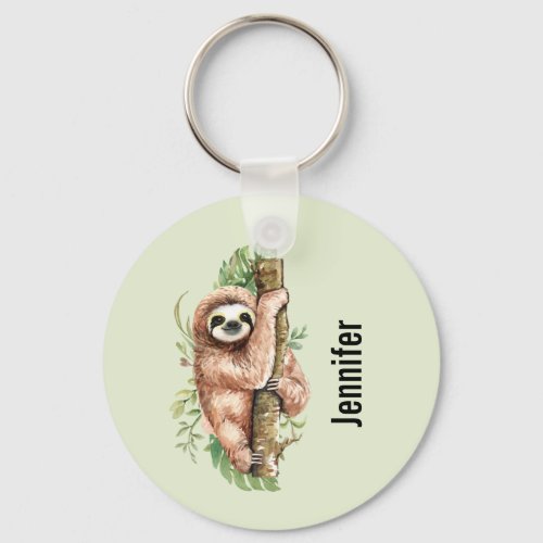 Cute Watercolor Sloth  Tropical Leaves Keychain