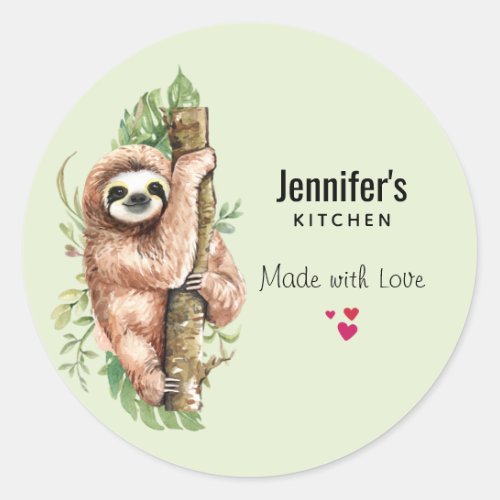 Cute Watercolor Sloth  Tropical Leaves Kitchen Classic Round Sticker