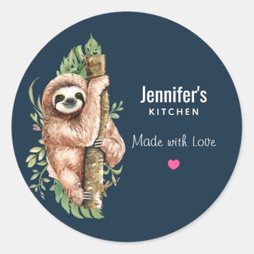 Cute Watercolor Sloth  Tropical Leaves Kitchen Classic Round Sticker