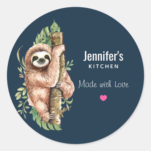 Cute Watercolor Sloth & Tropical Leaves Kitchen Classic Round Sticker (Front)
