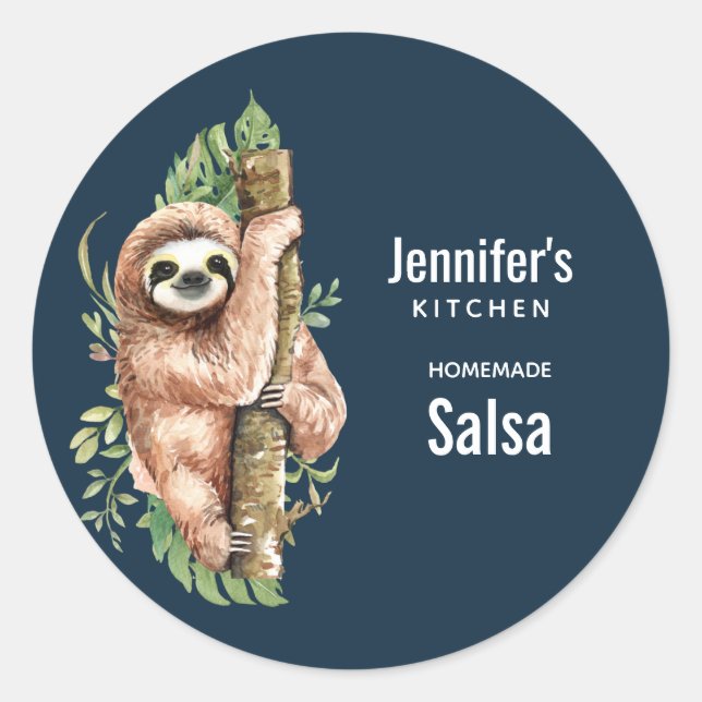 Cute Watercolor Sloth & Tropical Leaves Kitchen Classic Round Sticker (Front)